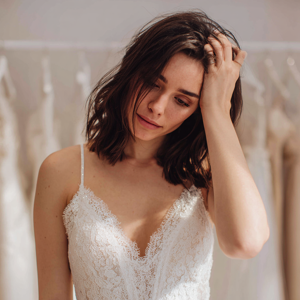 Une femme bouleversée, la main sur la tête | Source : Midjourney