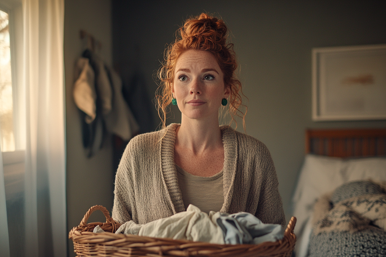 Femme d'une trentaine d'années tenant un panier à linge, debout dans une chambre | Source : Midjourney