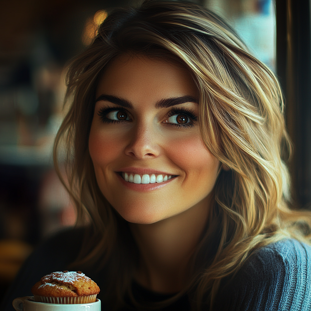 Une femme souriante prenant un muffin dans un café | Source : Midjourney