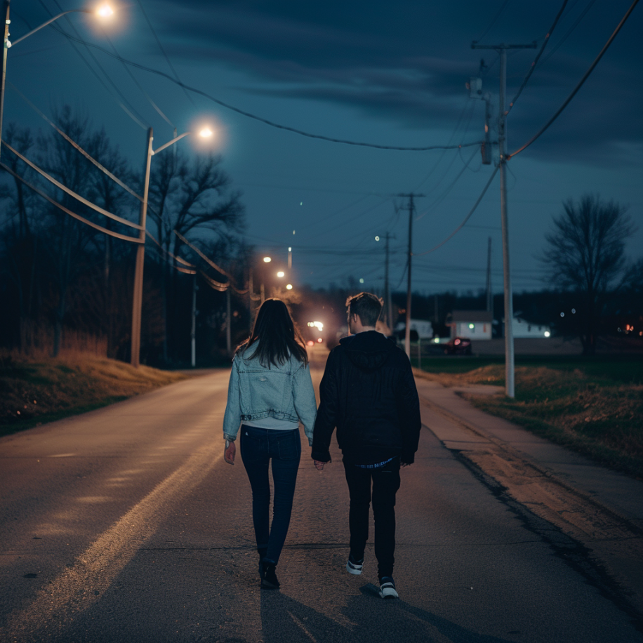 Un couple marchant sur la route la nuit | Source : Midjourney