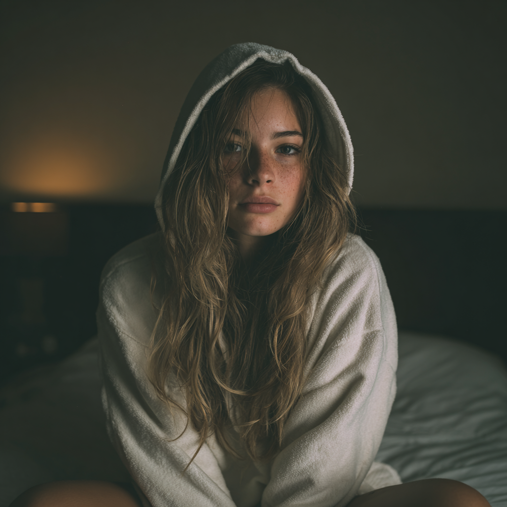 Une femme bouleversée assise sur un lit | Source : Midjourney