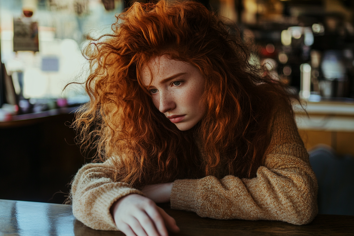 Une femme aux cheveux roux tend la main à travers une table dans un café, l'air triste | Source : Midjourney