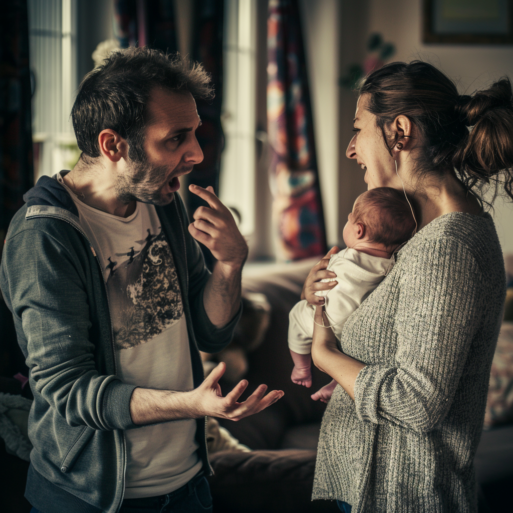 Sarah tient un bébé tout en parlant à Tom | Source : Midjourney
