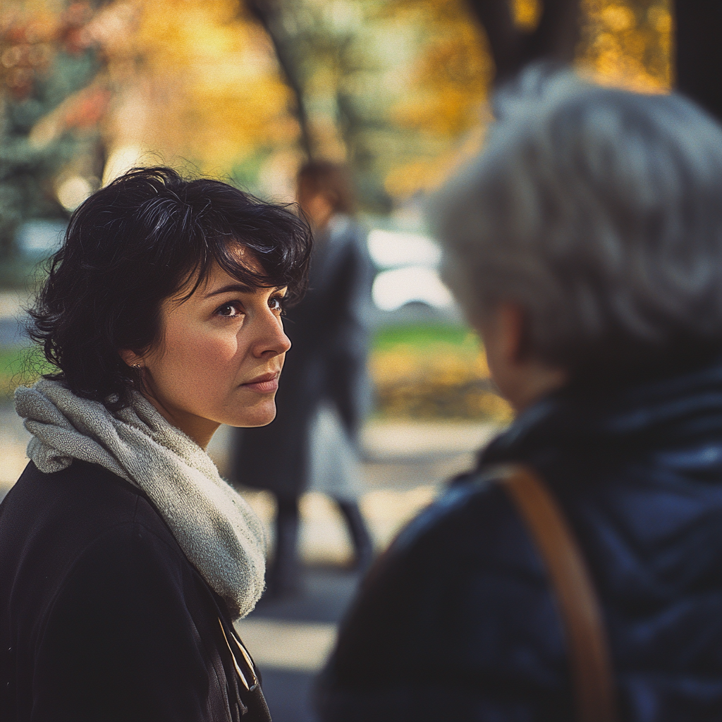 Femme dans le parc fixant une femme âgée | Source : Midjourney