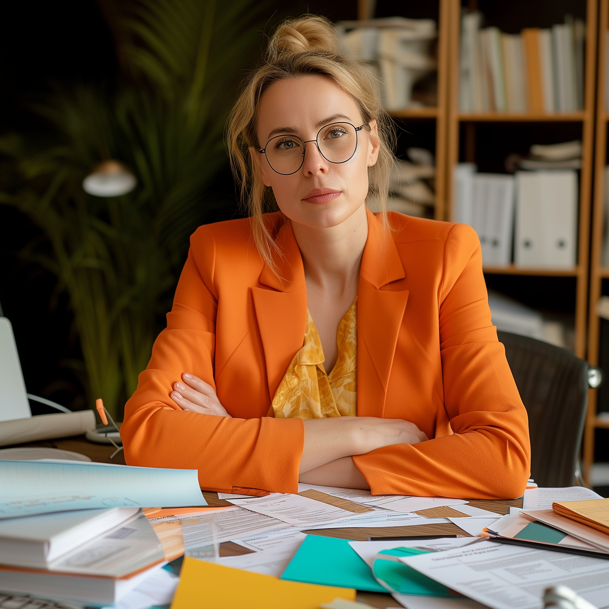 Une femme assise à un bureau avec des papiers éparpillés devant elle | Source : Midjourney