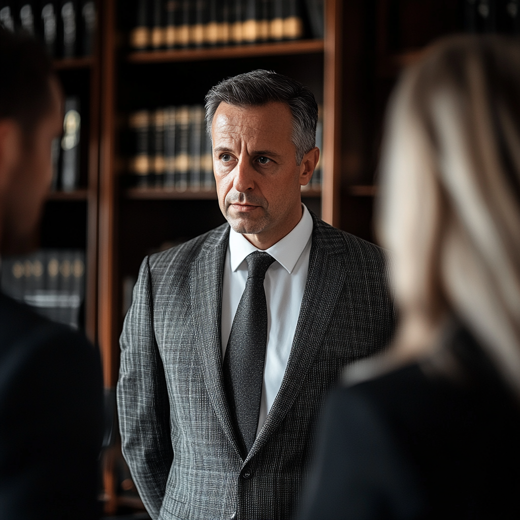 Un avocat debout dans son bureau qui regarde les personnes en face de lui | Source : Midjourney