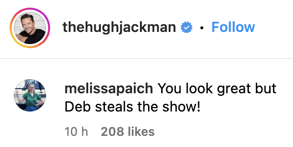 Commentaire d'un fan sur la photo de Hugh Jackman et de sa femme, Deborra-Lee Furness, habillés pour le Met Gala, le 1er mai 2023. | Source : Instagram/thehughjackman