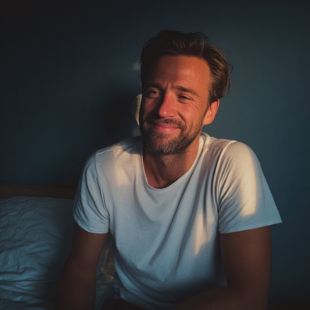Un homme souriant assis sur un lit | Source : Midjourney