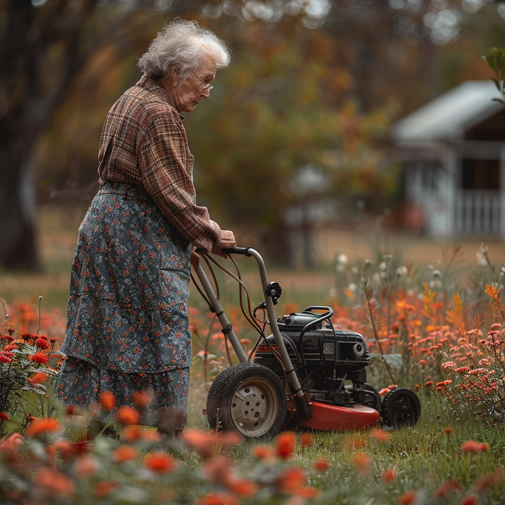 La grand-mère tond la pelouse | Source : Midjourney