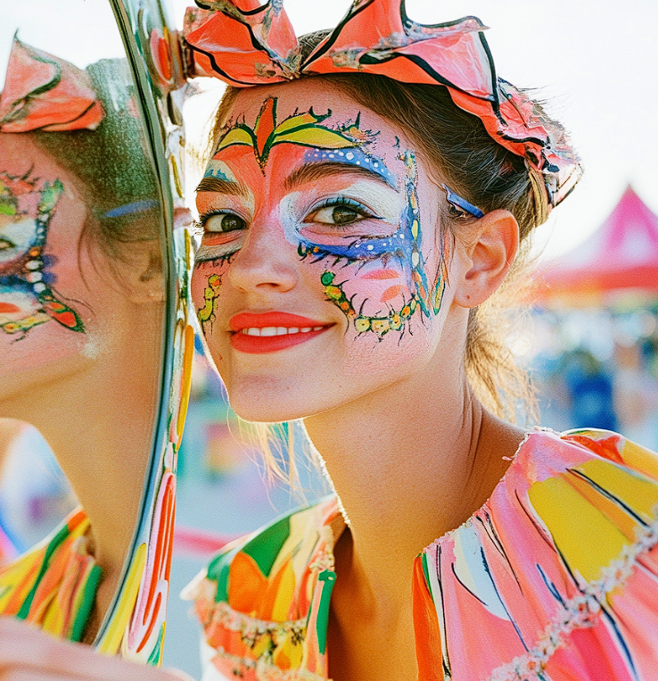 Une foraine souriante vérifie sa peinture faciale dans un miroir | Source : Midjourney