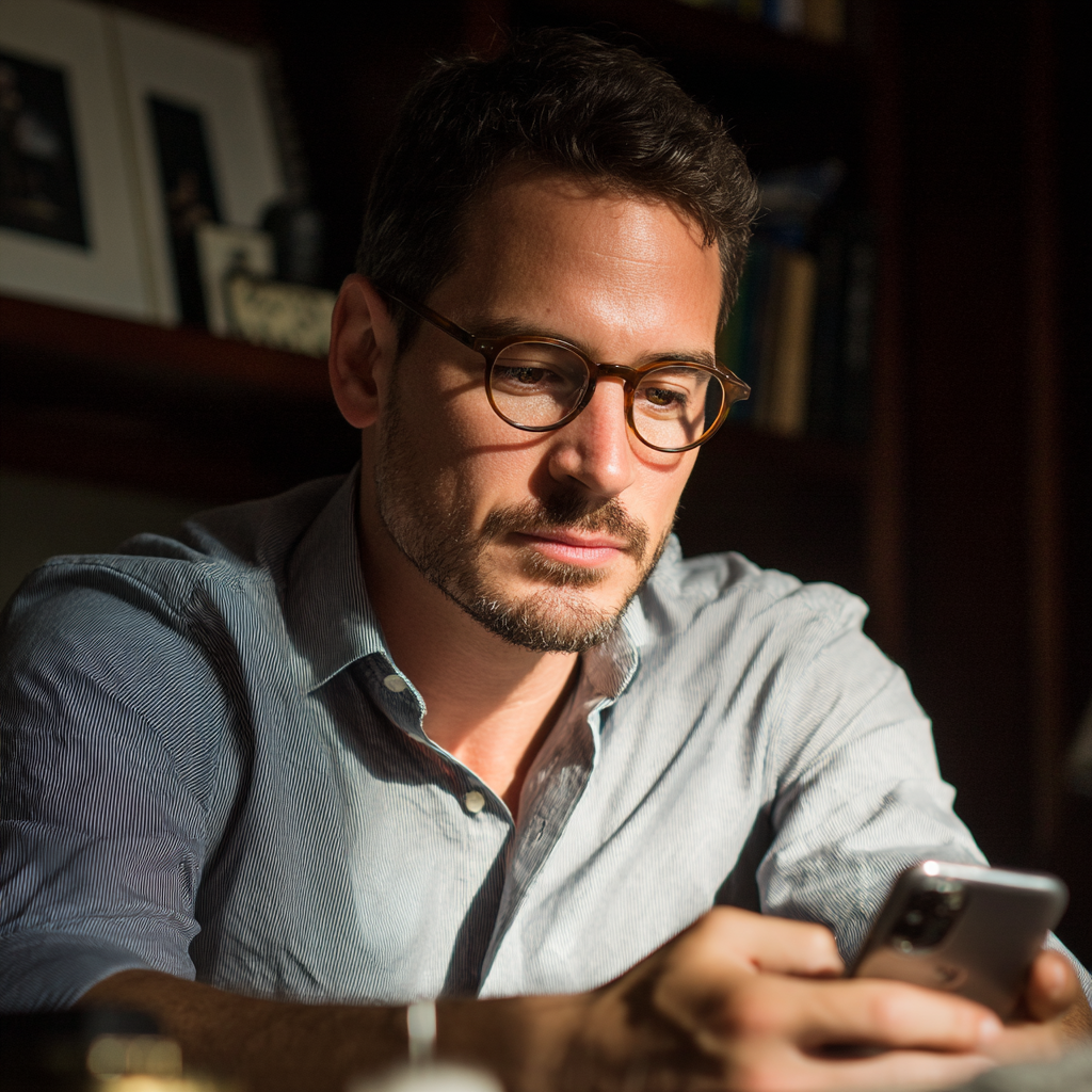 Un homme assis à son bureau et utilisant son téléphone | Source : Midjourney