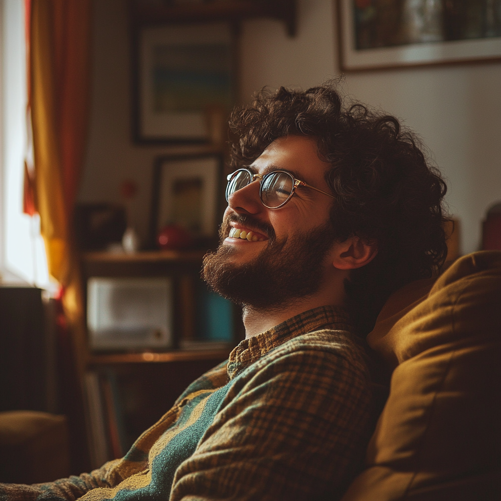 Un homme qui rit sur sa chaise | Source : Midjourney