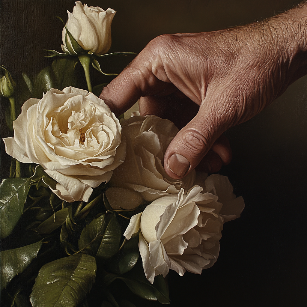 Un homme touche une rose blanche dans un bouquet | Source : Midjourney