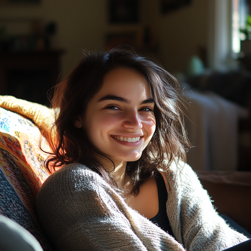 Une femme souriante dans un salon | Source : Midjourney