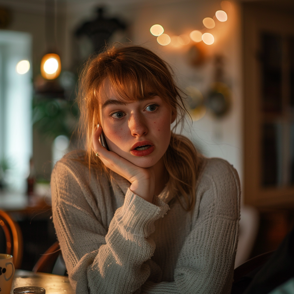 Une jeune femme choquée qui parle au téléphone | Source : Midjourney