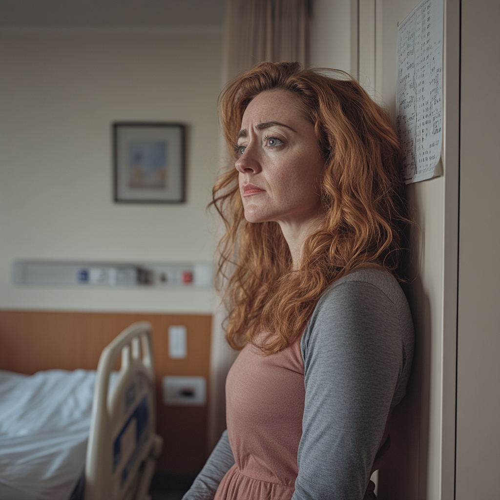 An extremely injured woman standing in a hospital room | Source: Midjourney