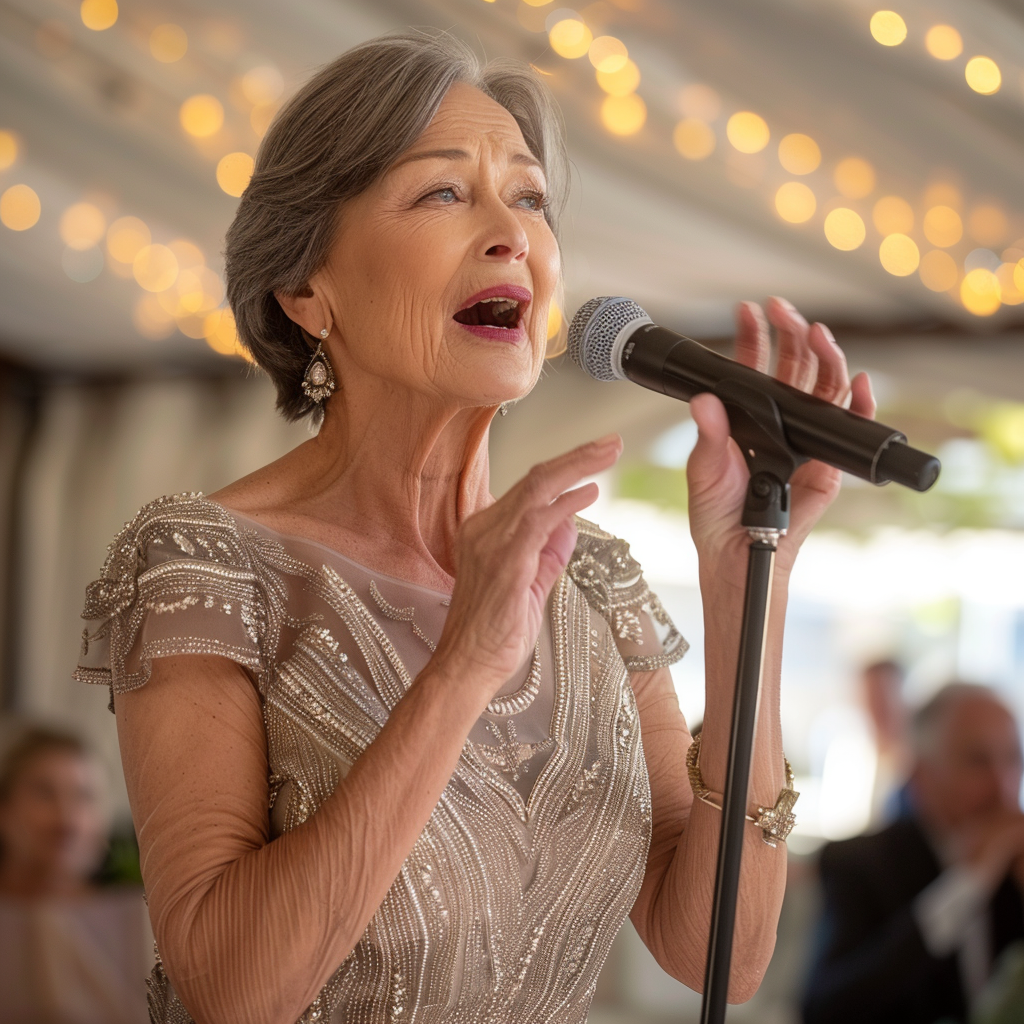 Une femme âgée debout avec un microphone | Source : Midjourney