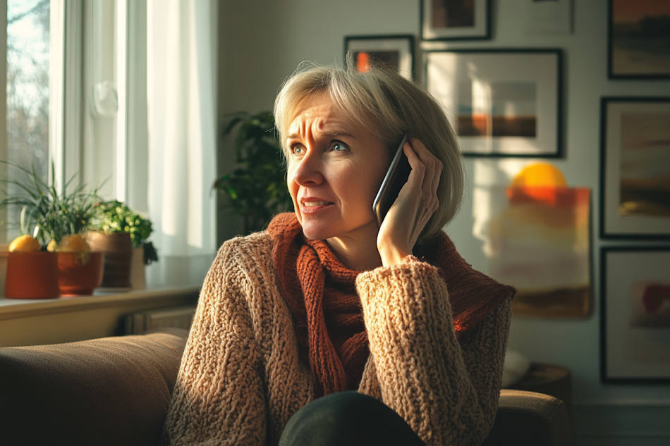 Une femme âgée inquiète lors d'un appel téléphonique | Source : Midjourney