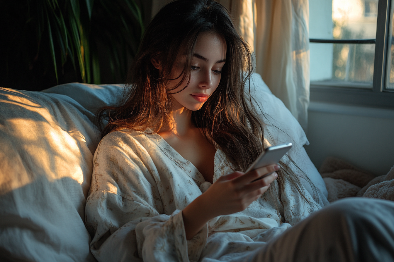 A woman in cozy pajamas, sitting in bed, scrolls through her phone with a focused expression | Source: Midjourney