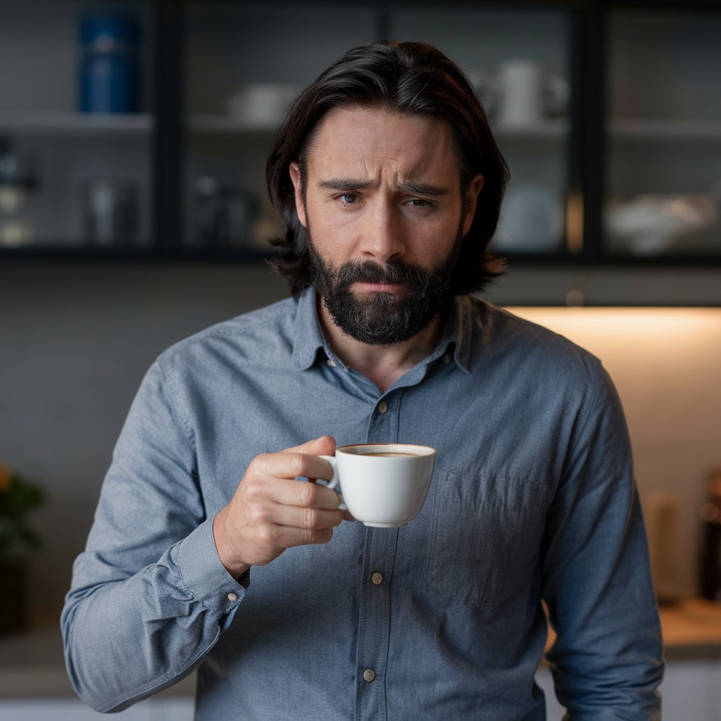 Un homme tenant une tasse de café dans une cuisine, l'air triste | Source : Midjourney