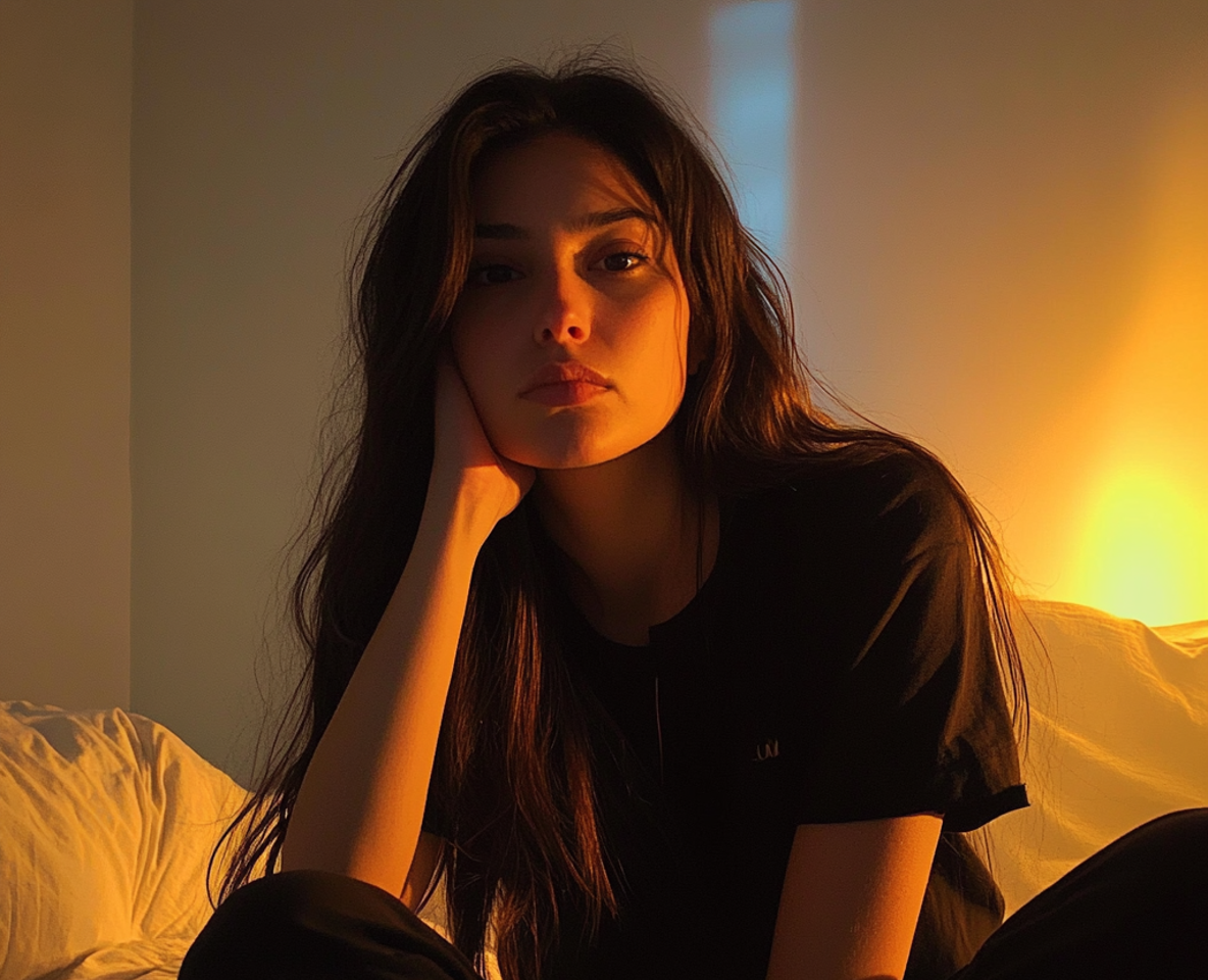 Une femme assise sur son lit | Source : Midjourney