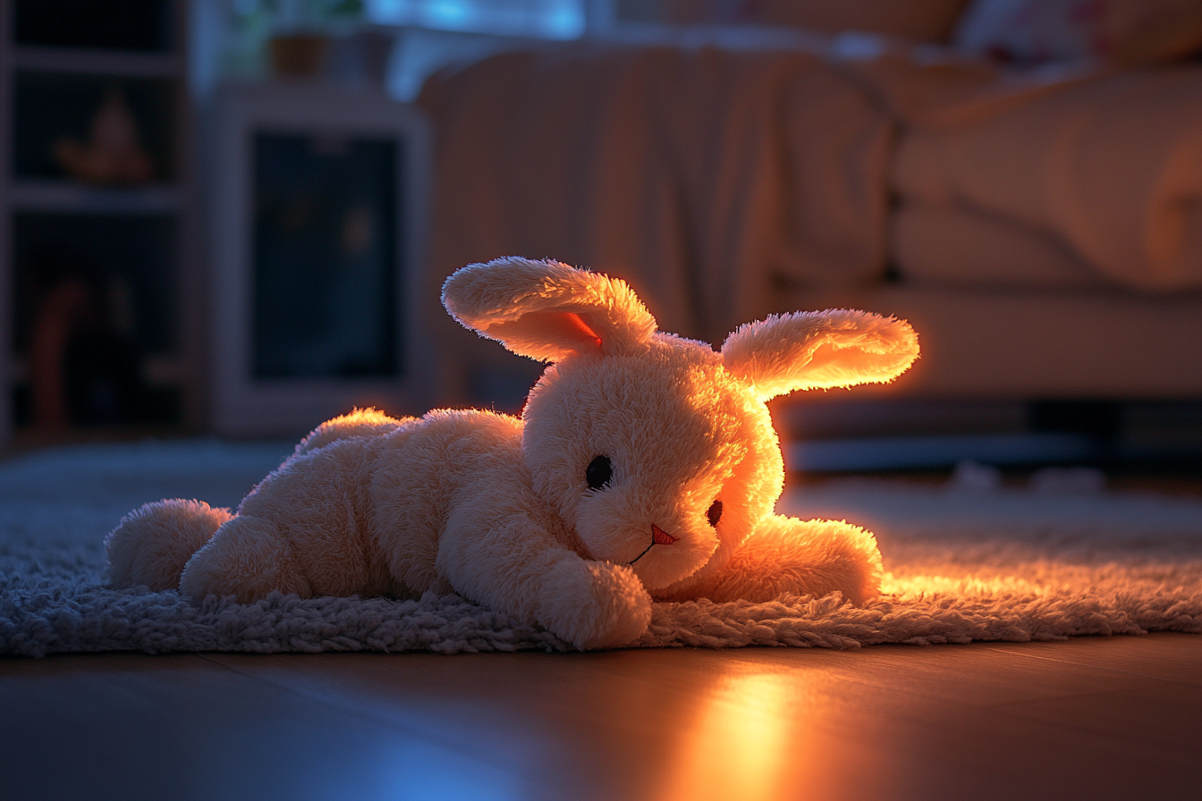 Gros plan d'un lapin en peluche posé sur le sol du salon | Source : Midjourney