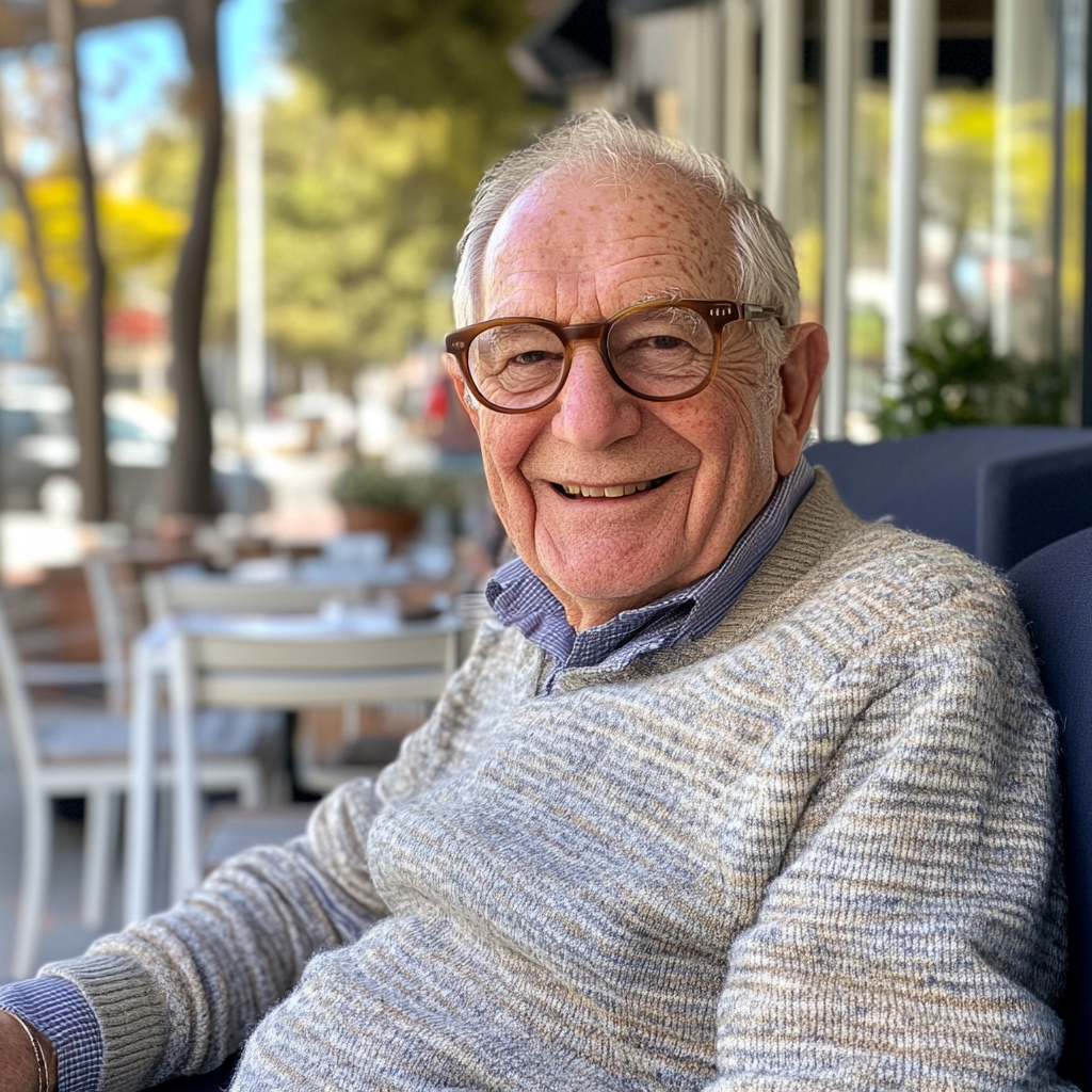 Un vieil homme assis devant un café | Source : Midjourney