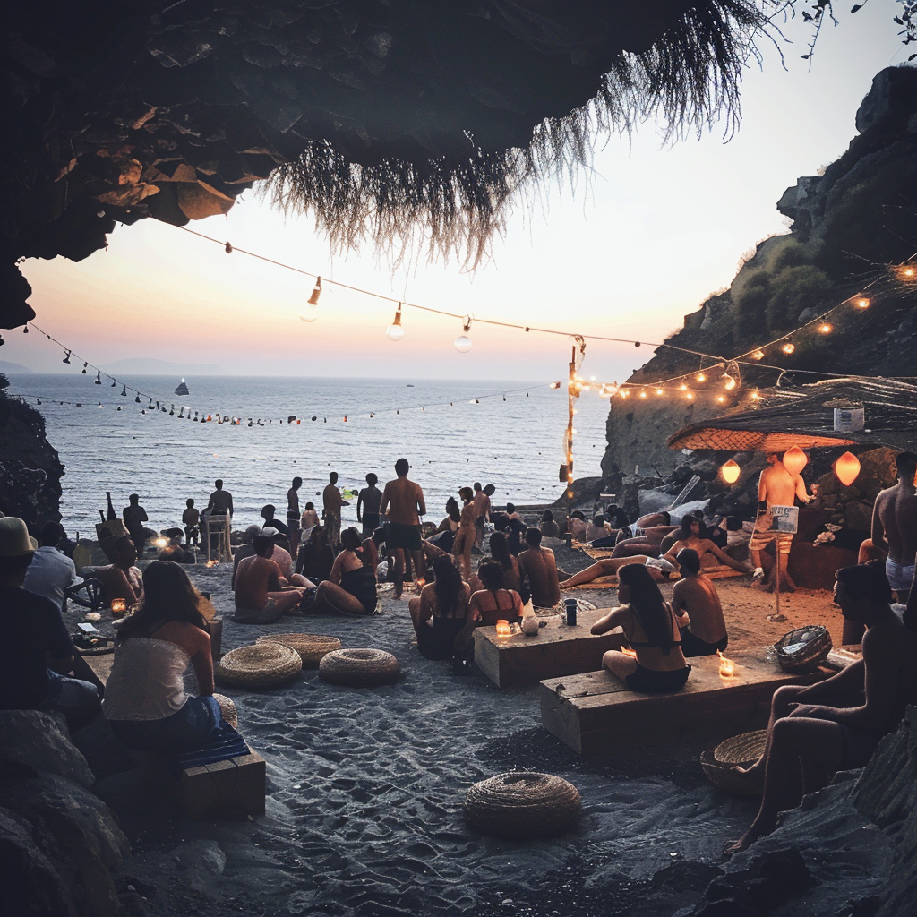 Des gens à une fête sur la plage | Source : Midjourney