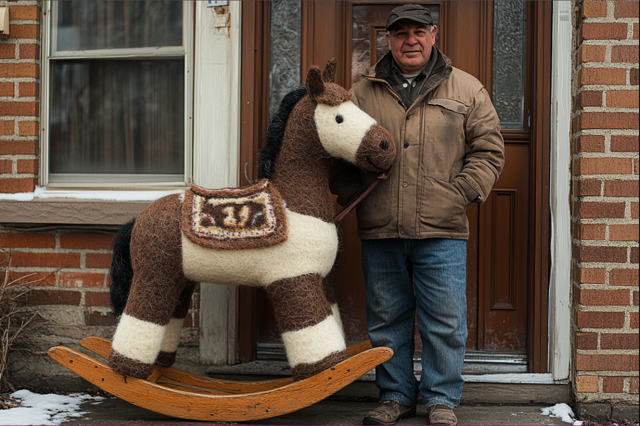 Un homme avec un cheval à bascule géant | Source : Midjourney