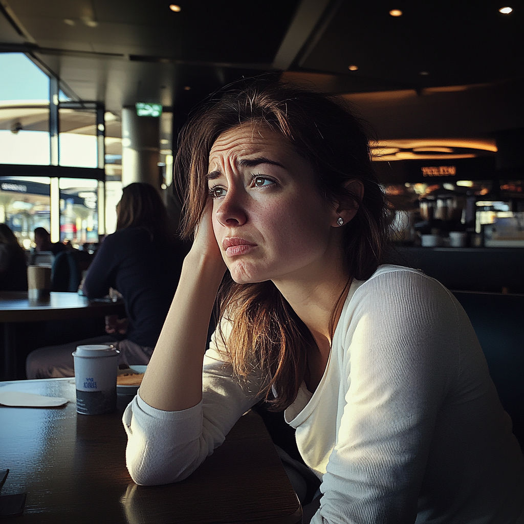 An upset woman sitting in a cafe | Source: Midjourney