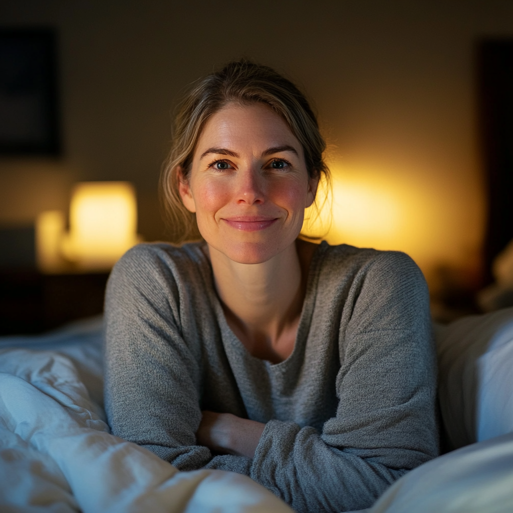 A woman forces a smile as she sits in bed at night | Source: Midjourney