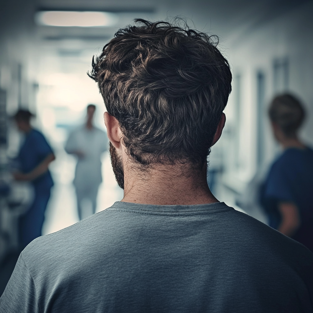 Un homme debout dans un couloir d'hôpital | Source : Midjourney