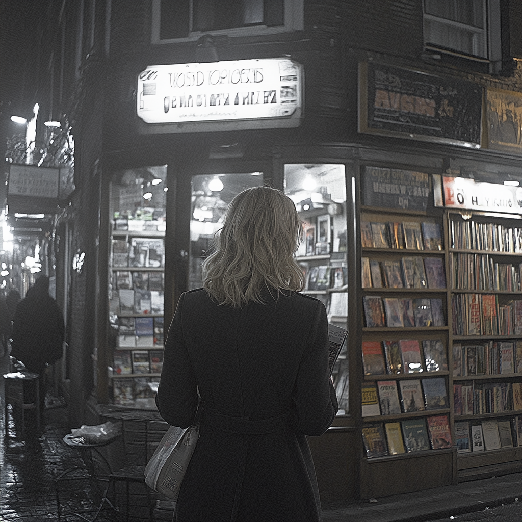 Une femme debout devant une librairie | Source : Midjourney