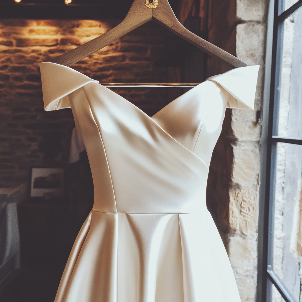 Une belle robe de mariée sur un cintre | Source : Midjourney