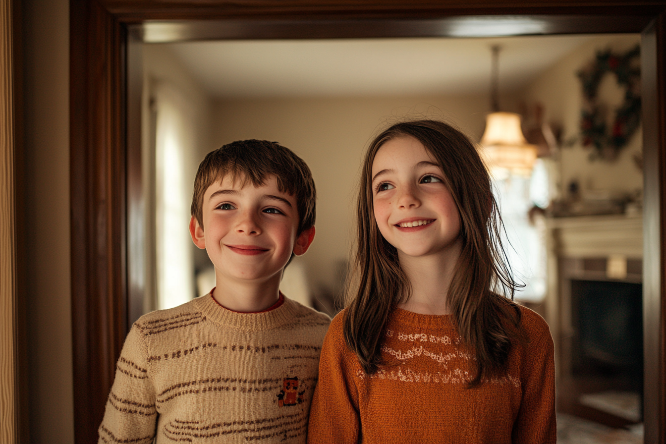 Deux enfants souriant joyeusement dans un salon | Source : Midjourney