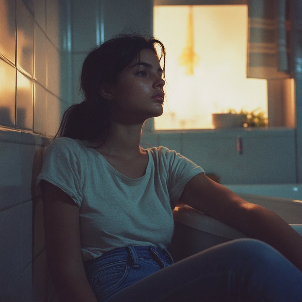 A tired woman sitting by a bathtub | Source: Midjourney