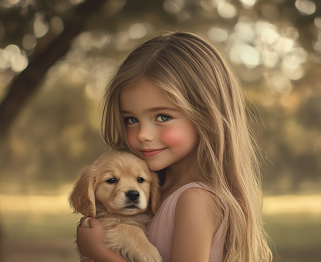 Une petite fille tenant un chiot | Source : Midjourney