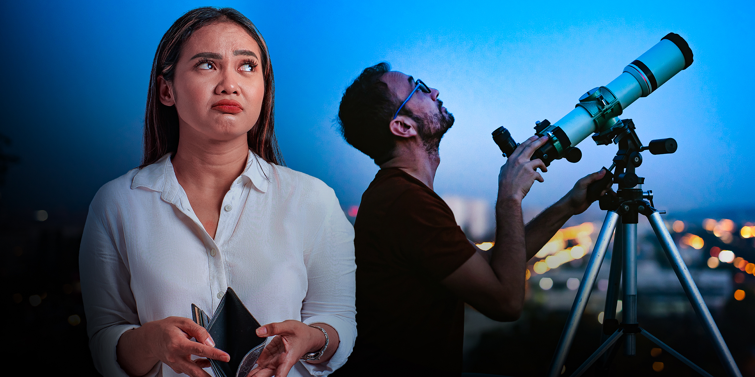 Une femme malheureuse photographiée avec un homme en arrière-plan utilisant un télescope | Source : Shutterstock