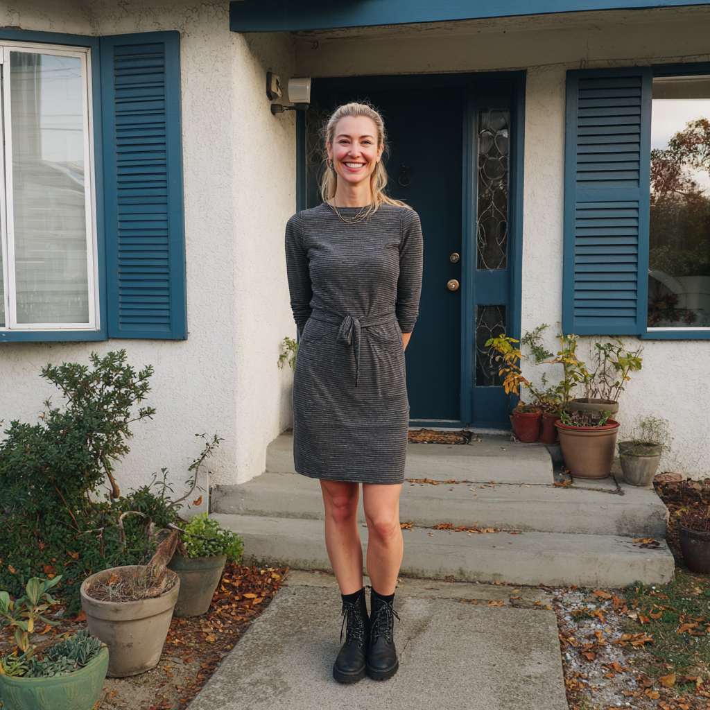 Une femme souriante se tenant devant une maison | Source : Midjourney