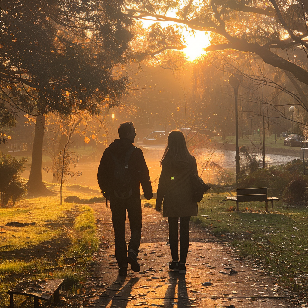 Un père et sa fille adolescente se promènent dans le parc | Source : Midjourney