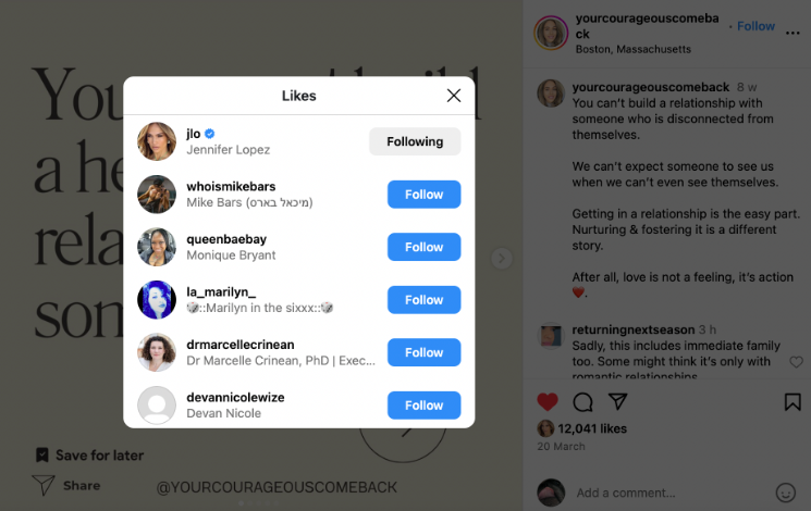 Une capture d'écran du like de Jennifer Lopez sur la photo de la relation, postée le 20 mars 2024 | Source : Instagram/yourcorageouscomeback