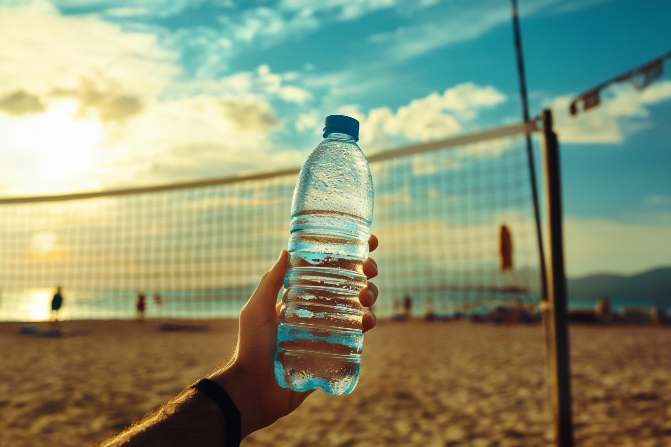 Homme offrant une bouteille d'eau sur un terrain de volley-ball sur la plage | Source : Midjourney