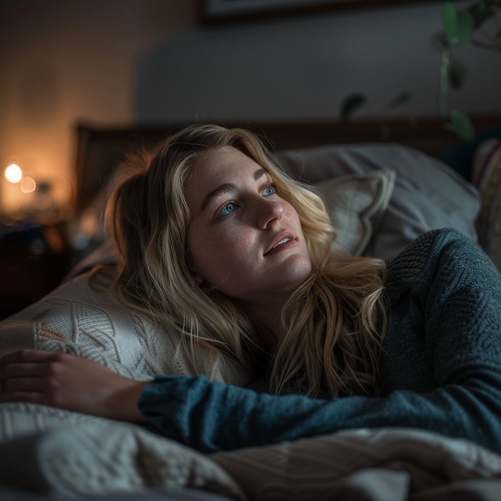 Une femme éveillée dans son lit la nuit | Source : Midjourney