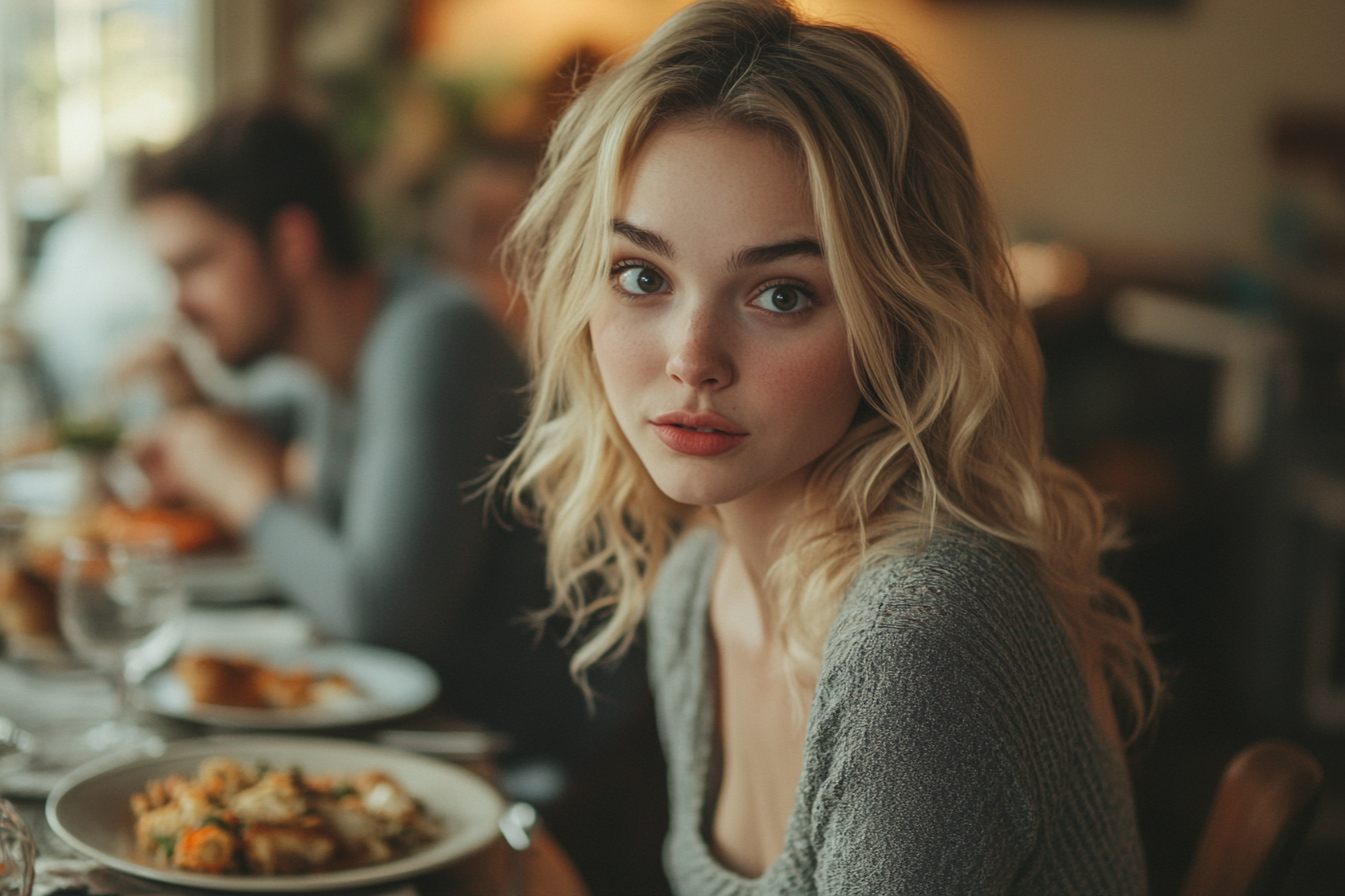 Woman with a slightly shocked expression at a dinner table | Source: Midjourney