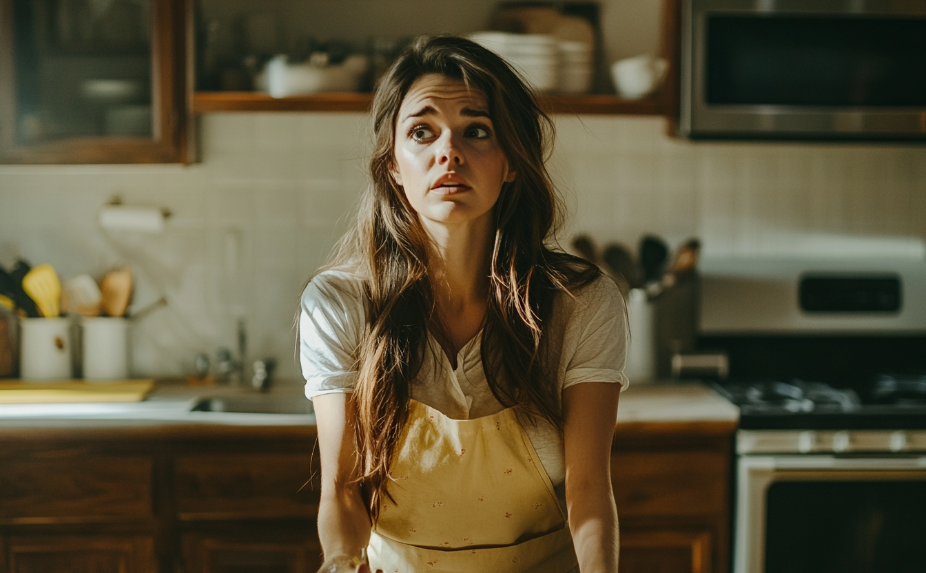 Une femme avec un tablier dans la cuisine, l'air confus | Source : Midjourney