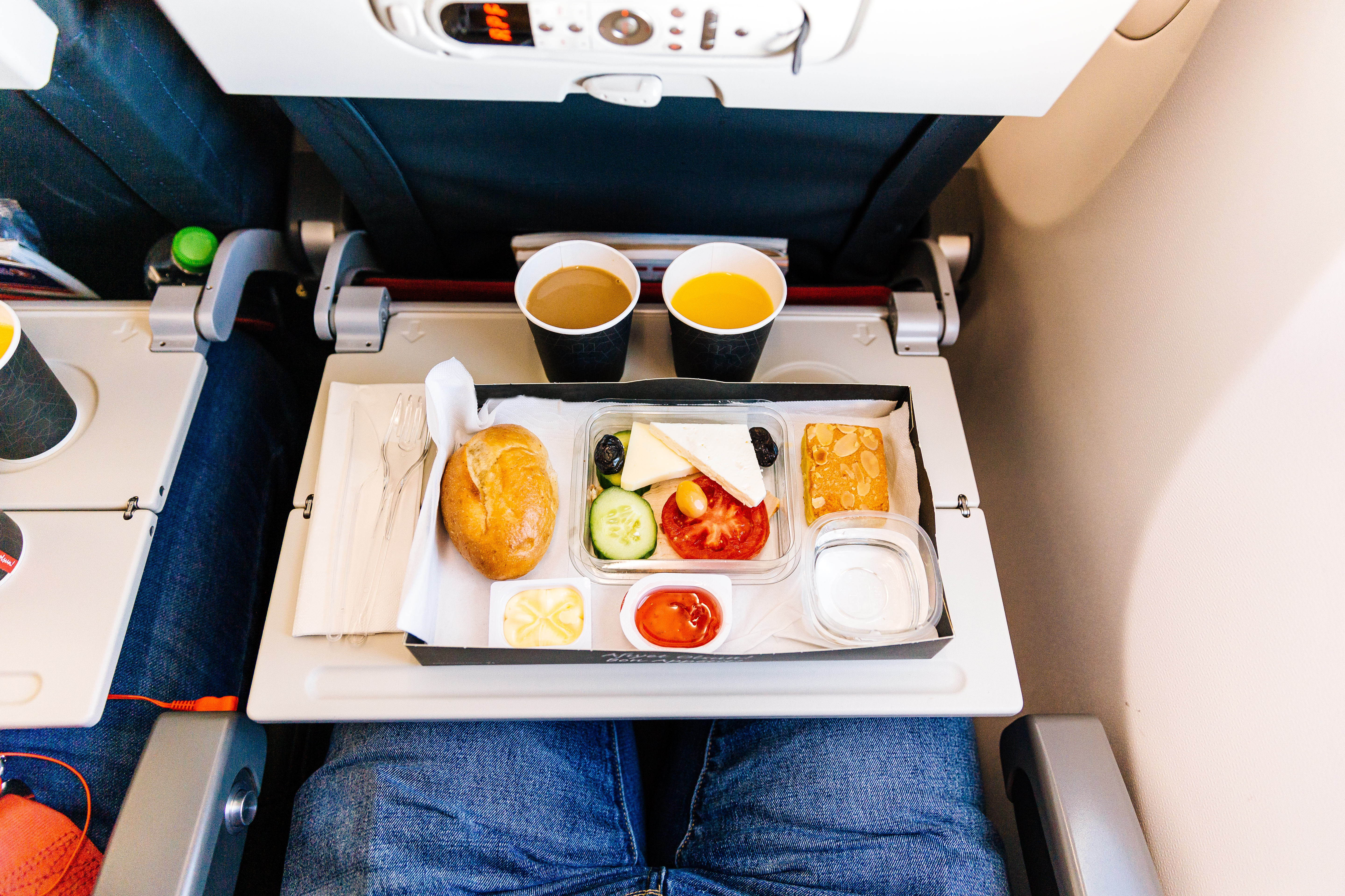 Nourriture d'avion servie à un passager de la classe économique | Source : Getty Images