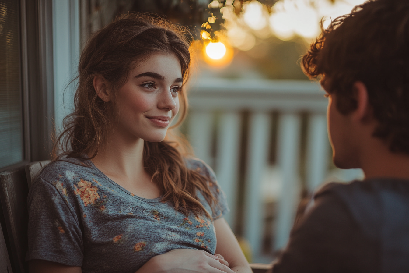 Une femme enceinte heureuse assise en terrasse avec un homme | Source : Midjourney