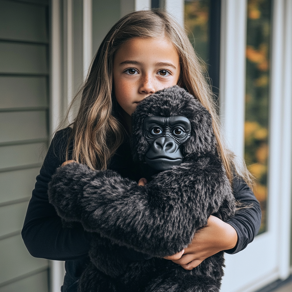 Jeune fille tenant un costume d'Halloween de gorille | Source : Midjourney