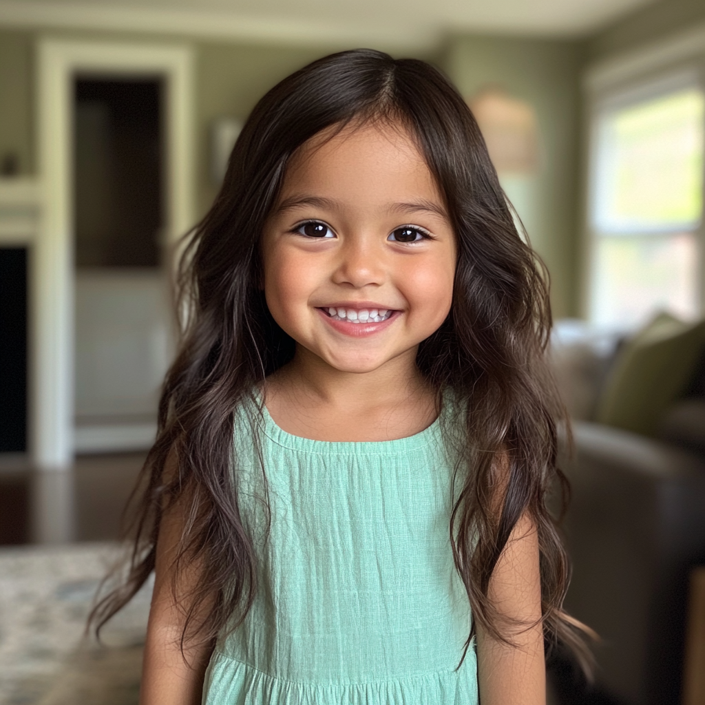 Une petite fille souriante debout dans un salon | Source : Midjourney