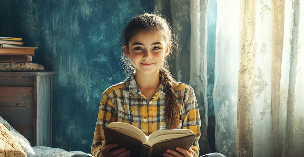 Une fille assise sur un lit avec un livre | Source : Midjourney